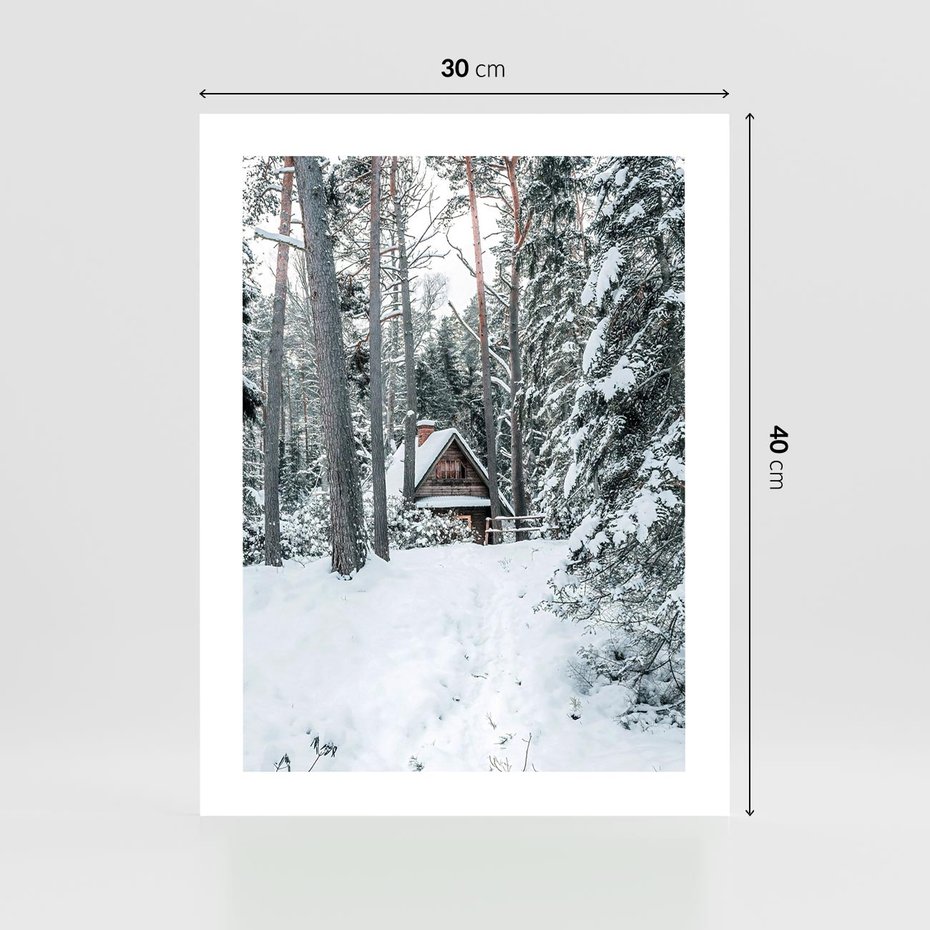 Plakat bez ramy 30x40 - Spokój Zimowej Przygody w Lesie - domek w górach w lesie, zima
