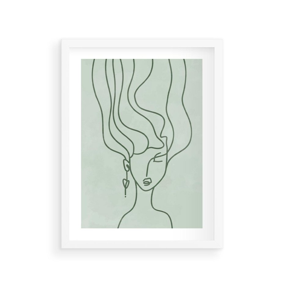 Plakat w ramie 30x40 - Spokojne Objęcia Natury - abstrakcja, zielony szkic - rama biała