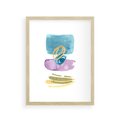 Plakat w ramie 30x40 - Taniec Akwarelowych Kresek - akwarelowe plamy w odcieniach błękitu, złote kreski - rama drewno