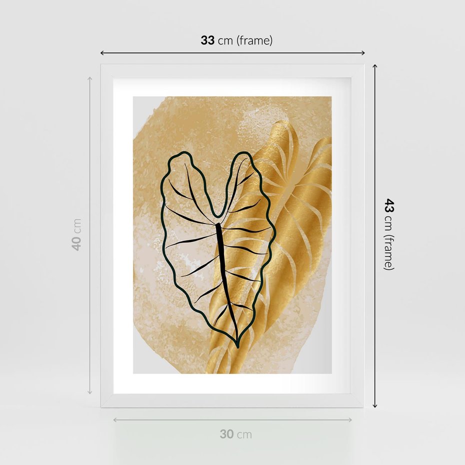 Plakat w ramie 30x40 - Monstera w Złocie - złote liście monstery, grafika - rama biała