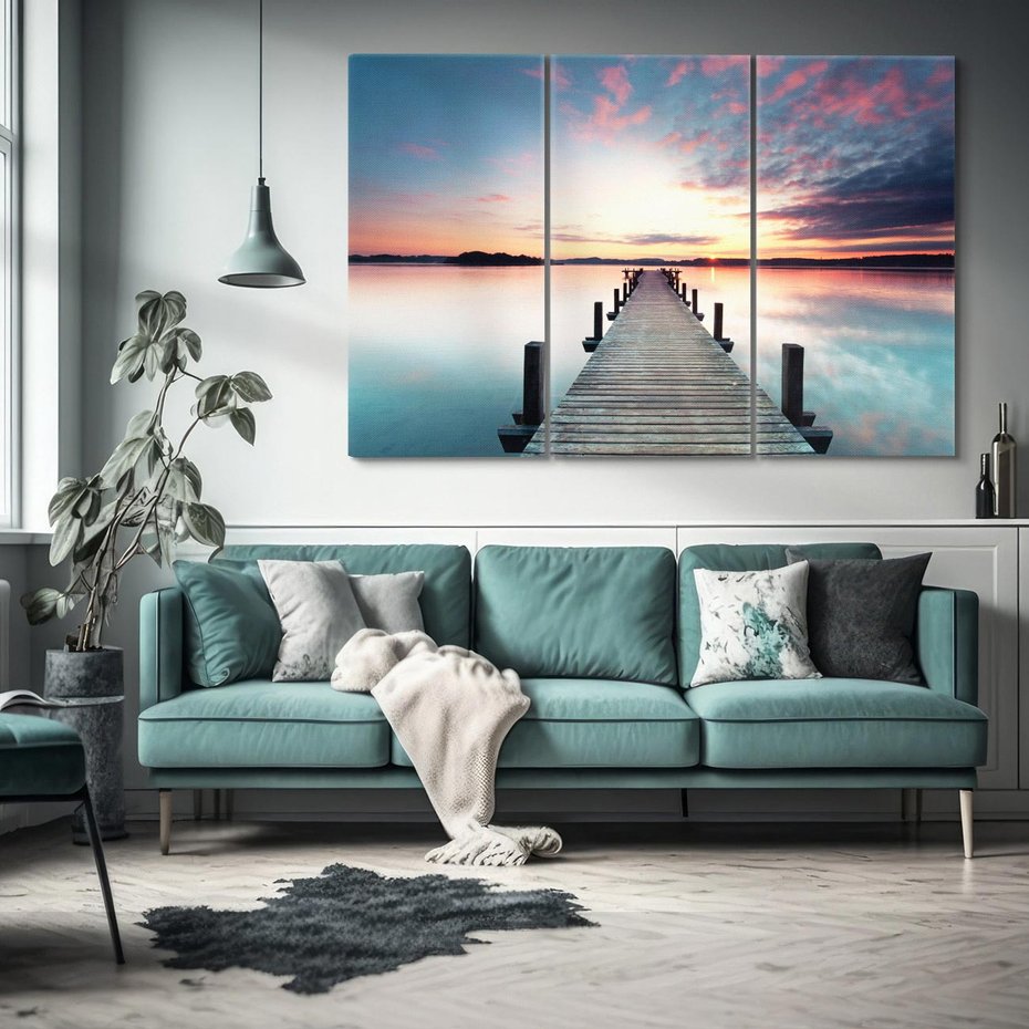 Obraz na płótnie 120x80 - Złote zachody słońca - jezioro, molo