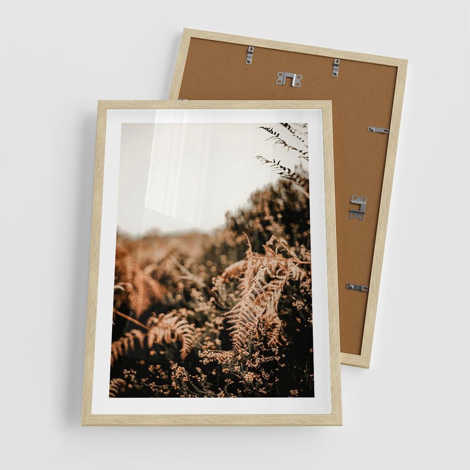 Plakat w ramie 50x70 - Jesienna Harmonia - suche paprocie, jesienny krajobraz - rama drewno