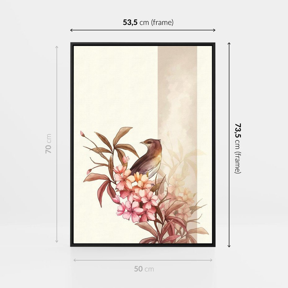Obraz w ramie 50x70 - Kwiatowe Zanurzenie - japońska sztuka, ptak - rama czarna