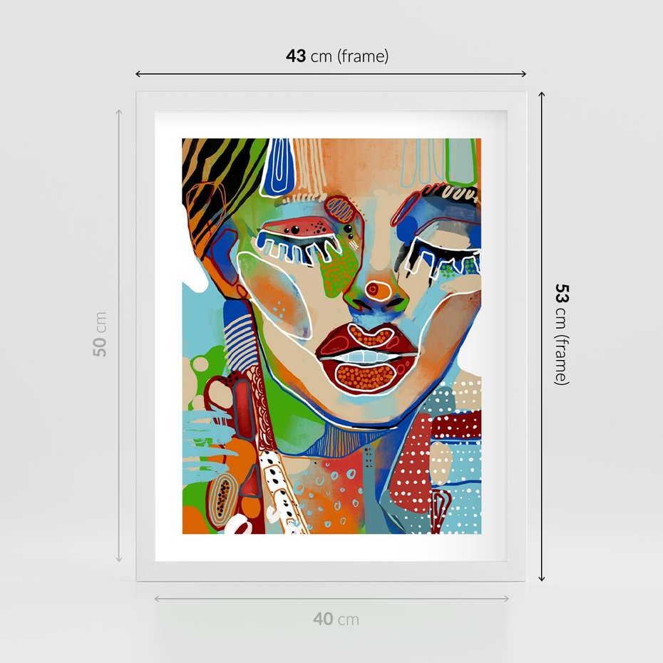 Plakat w ramie 40x50 - Kolorowe Formy - abstrakcyjny portret kobiety, twarz - rama biała