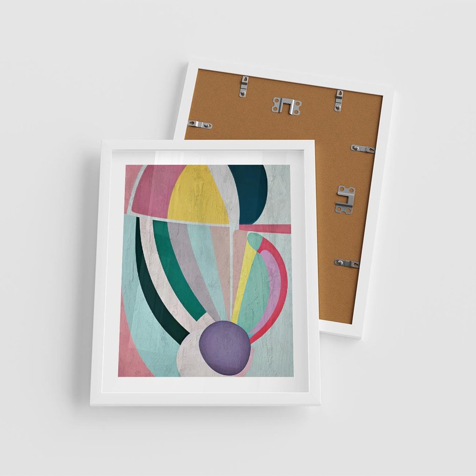 Plakat w ramie 40x50 - Podróżne Echa Przestrzeni - abstrakcyjne dziwne kształty, olejny obraz - rama biała