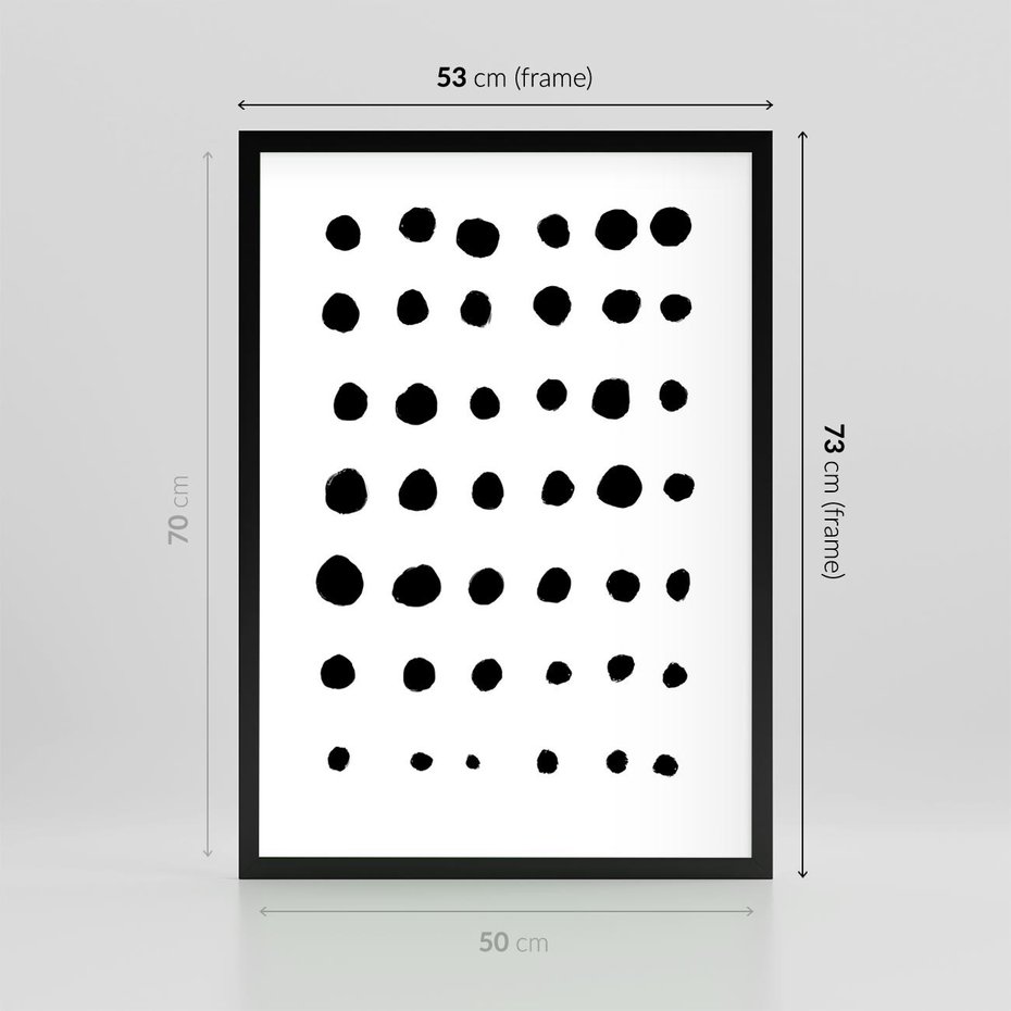 Plakat w ramie 50x70 - Migocące Anomalie - abstrakcyjna kompozycja z czarnych kropek, minimalistyczny czarno bialy plakat - rama czarna