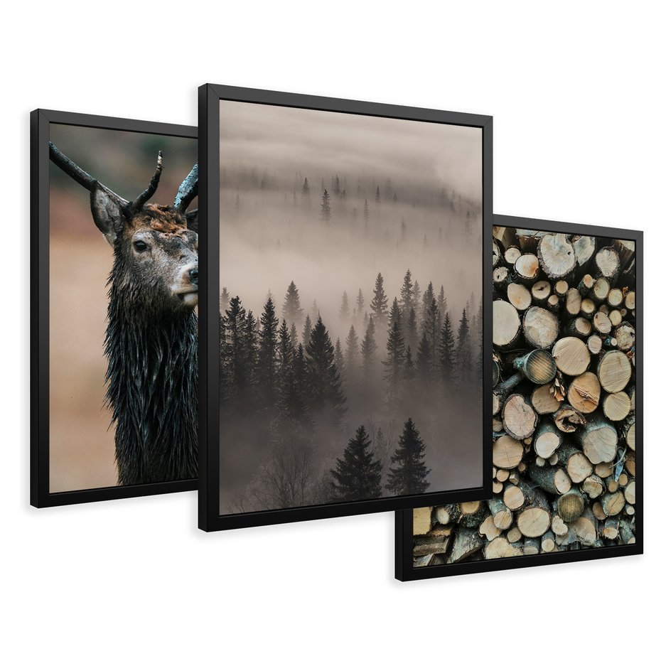 Zestaw obrazy w ramie 50x70 galeria - Jeleń, las, drzewa, boho, skandynawski - rama czarna