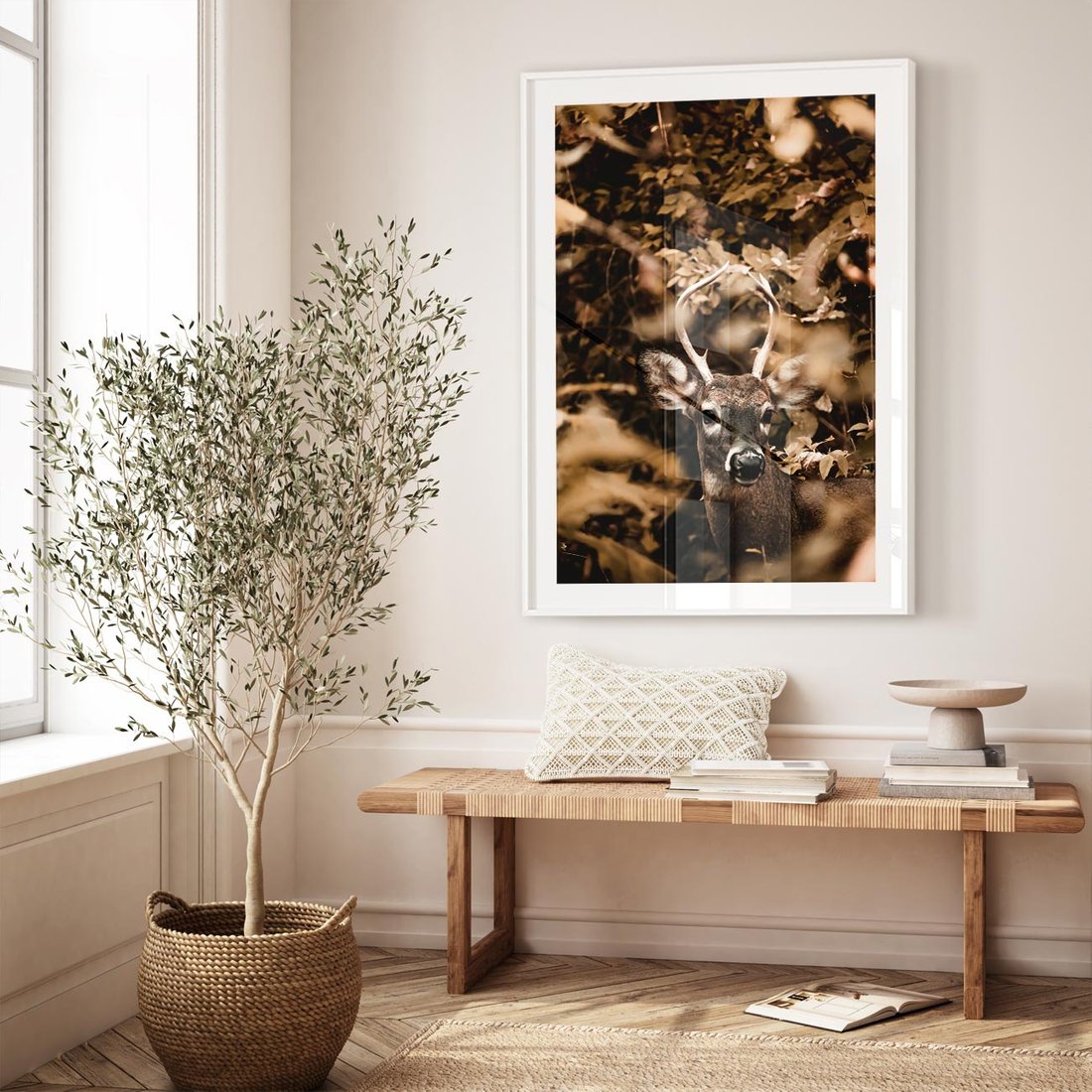 Plakat w ramie 30x40 - Jesienny Jeleń w Lesie - jeleń, w lesie - rama biała