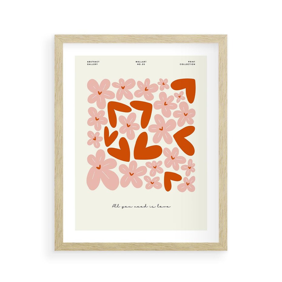 Plakat w ramie 40x50 - Miłość w Kompozycji - grafika, kompozycja kwiaty i serca - rama drewno