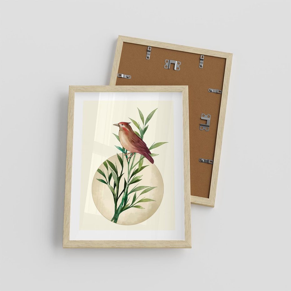 Plakat w ramie 30x40 - Rozkwitająca Delikatność - japońska sztuka, ptak - rama drewno