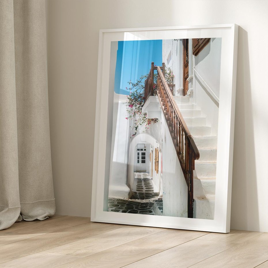 Plakat w ramie 40x50 - Schody Uliczką W dół - schody, uliczka - rama biała