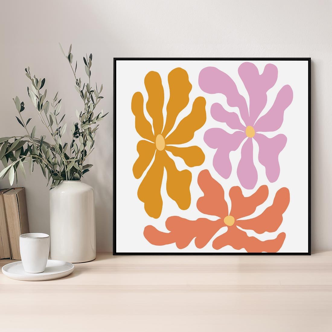 Obraz w ramie 50x50 - Rozbijające Refleksje - abstrakcyjne kolorowe kwiaty, minimlizm - rama czarna