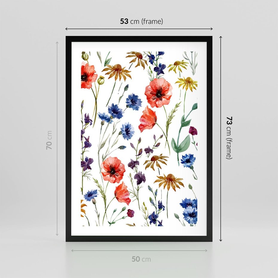 Plakat w ramie 50x70 - Kwiatowe radości na łące - kwiaty, łączka - rama czarna