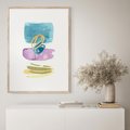 Plakat w ramie 50x70 - Taniec Akwarelowych Kresek - akwarelowe plamy w odcieniach błękitu, złote kreski - rama drewno