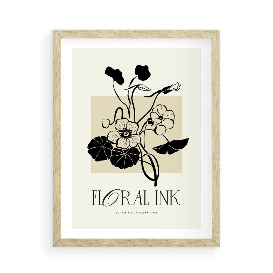 Plakat w ramie 50x70 - Podróż linii kwiatowego czasu - kwiaty, typografia - rama drewno