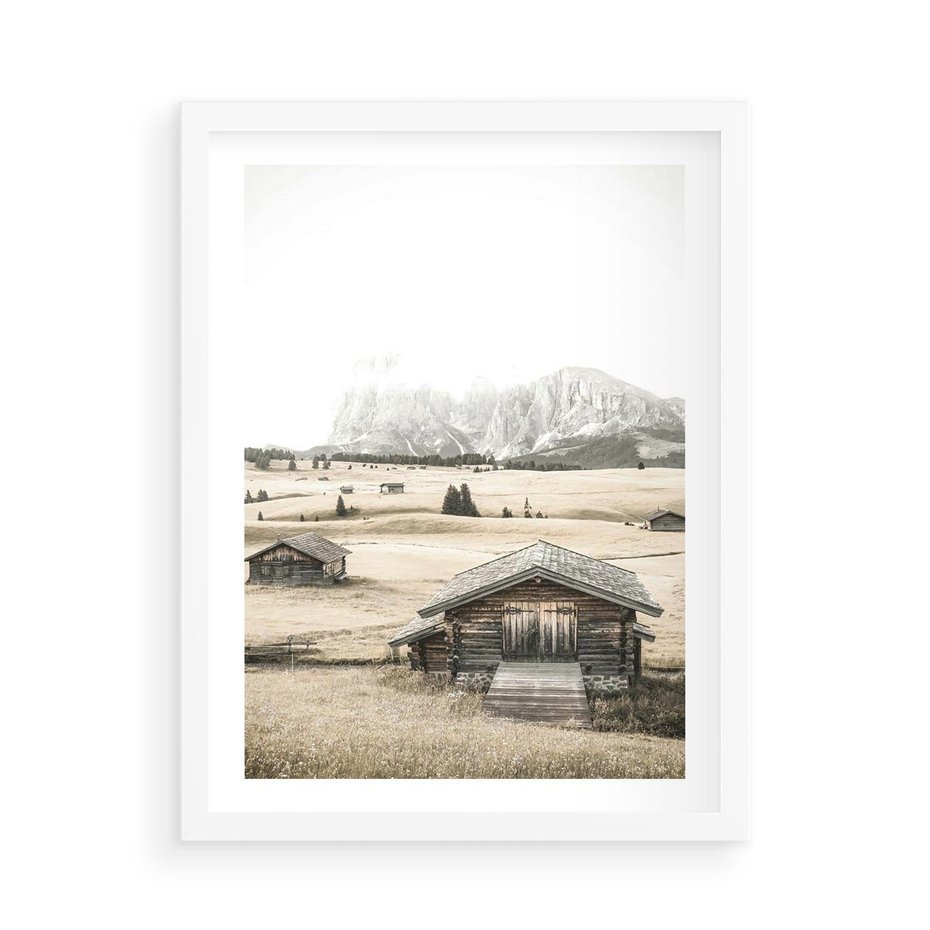 Plakat w ramie 50x70 - Chatka w Górskiej Sepii - domek w górach, chatka - rama biała