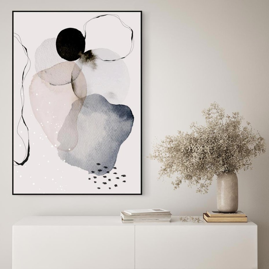 Obraz w ramie 50x70 - Migocące Barwy - abstrakcyjne plamy akwarelowe, czarny szkic - rama czarna