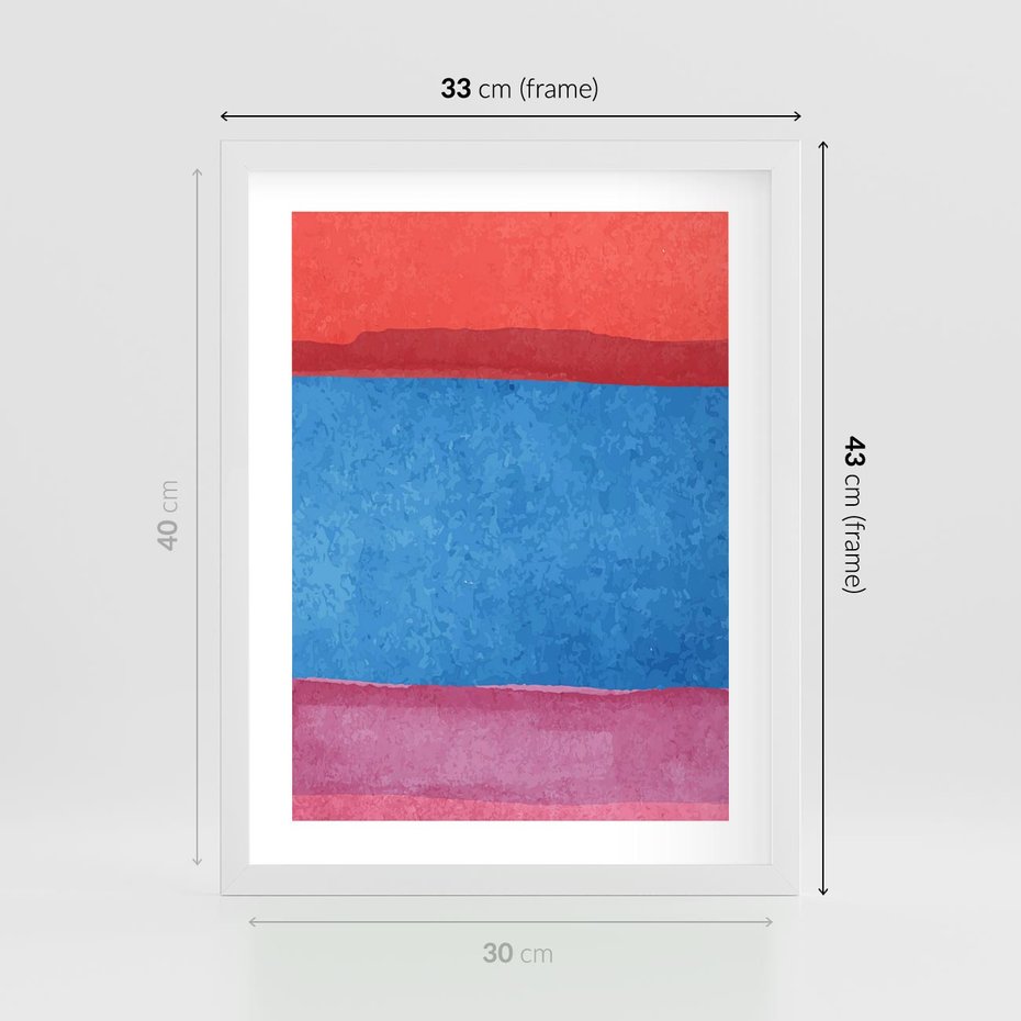 Plakat w ramie 30x40 - Migocące Formy - kolorowe akwarelowe pasy, odcienie czerwień - rama biała