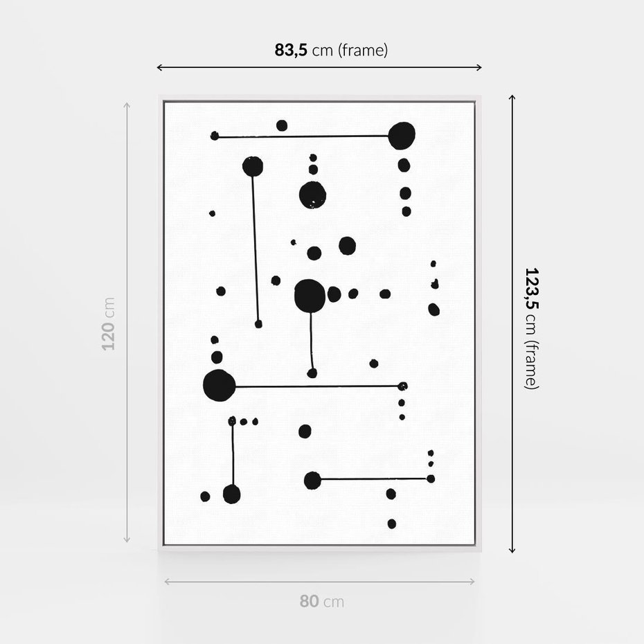 Obraz w ramie 80x120 - Nocne Zawirowania - abstrakcyjny plakat, czarne kropki i kreski - rama biała