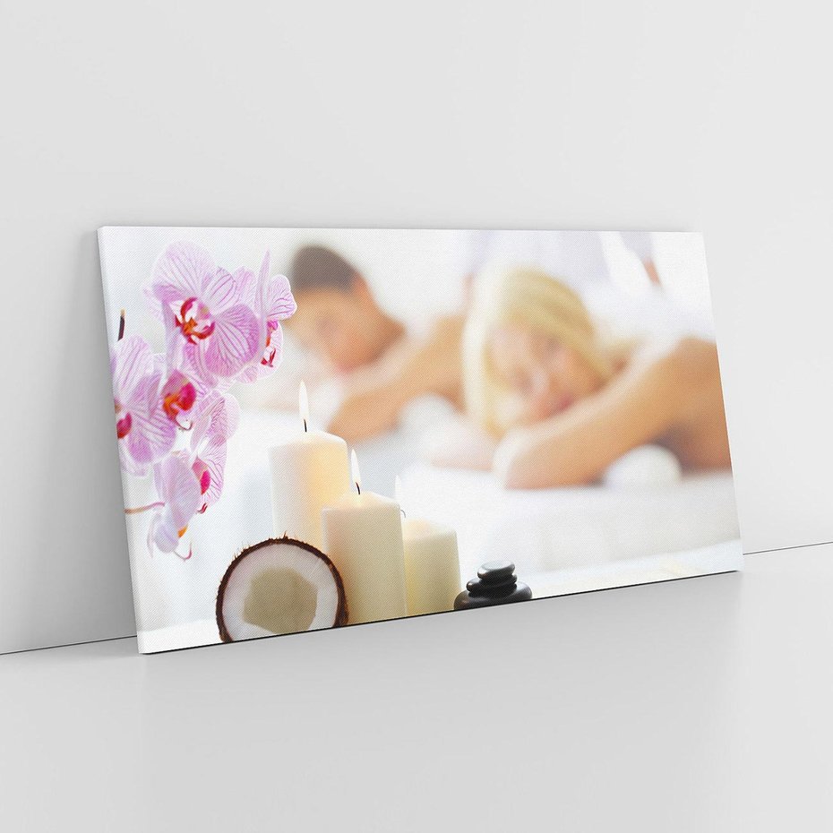 Obraz na płótnie 120x60 - Kokos, świece i kwiaty w SPA - kokos, świece