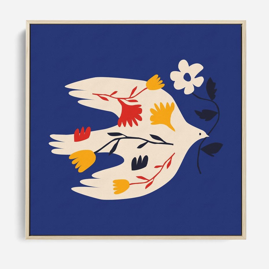 Obraz w ramie 80x80 - Bezczasowy Szept - niebieskie tło, abstrakcyjny biały ptak - rama drewno