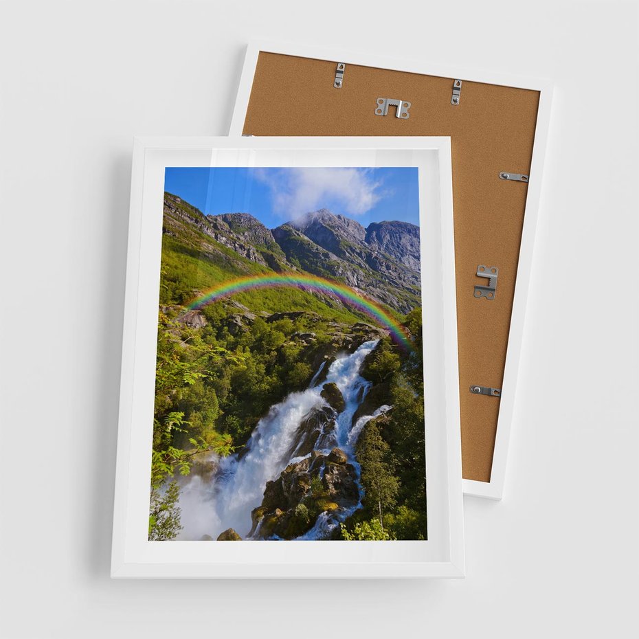 Plakat w ramie 50x70 - Tęczowe góry - harmonia kolorów - tęcza, góry - rama biała