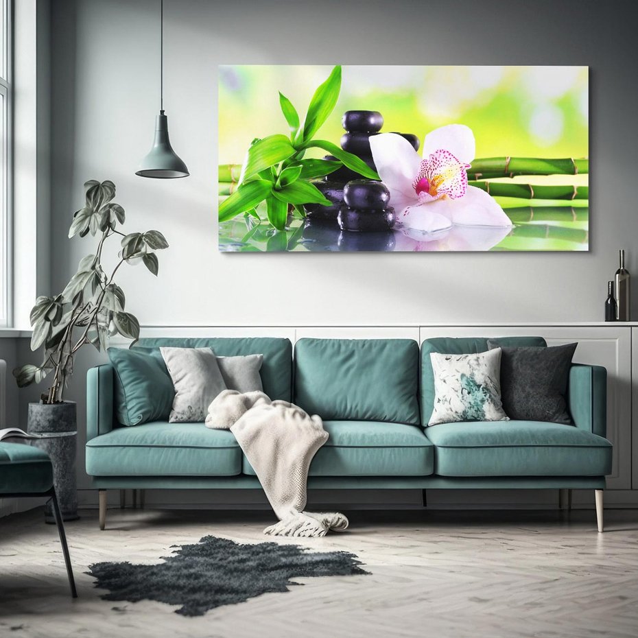 Obraz na płótnie 120x60 - Oaza Spokoju: Bambus, Kwiaty i Kamienie w SPA - bambus, kwiat