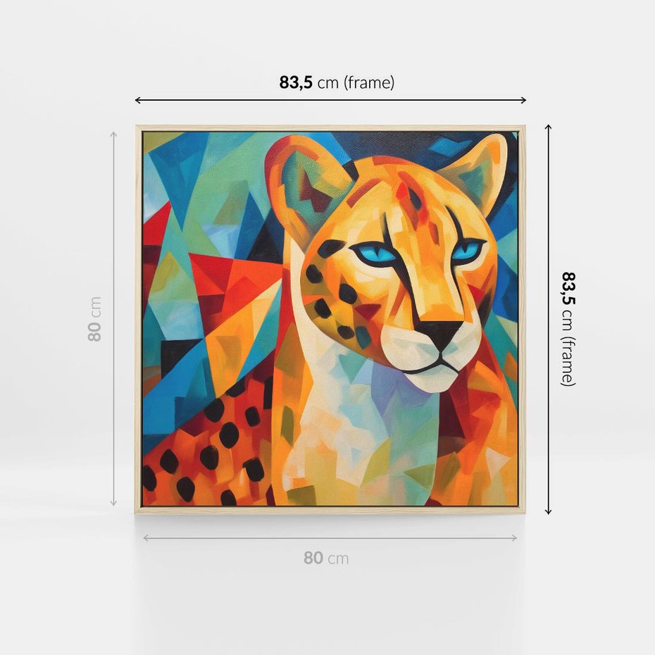 Obraz w ramie 80x80 - Dzikie Piękno - abstrakcyjny portret geparda, intensywne kolory - rama drewno