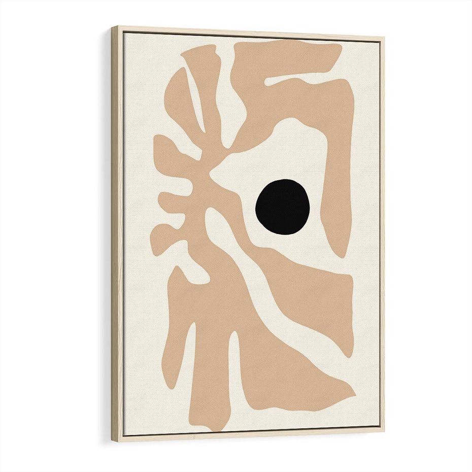 Obraz w ramie 70x100 - Eksploracja Abstrakcji - beżowa absrakcyjna kompozycja, czarny akcent - rama drewno