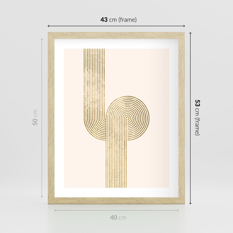 Plakat w ramie 40x50 - Podróżne Kształty - geometryczne linie w złotym kolorze, minimalizm - rama drewno