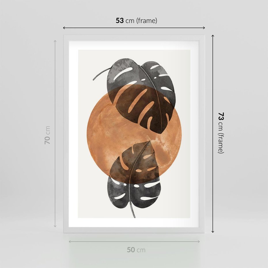 Plakat w ramie 50x70 - Elegancja w Detalach: Miedziane Koło z Monsterą - grafika, miedziane koło - rama biała