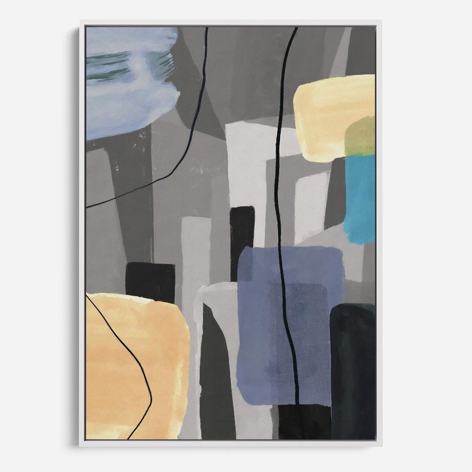 Obraz w ramie 80x120 - Harmonia w chaosie serca - abstrakcja na szarym tle, kolorowe plamy koloru - rama biała