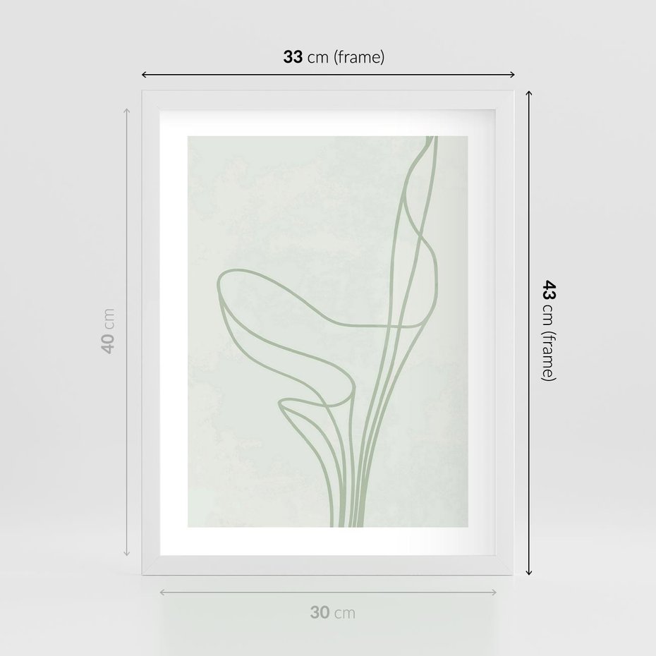 Plakat w ramie 30x40 - Zielona Równowaga Linii - abstrakcyjne delikatne zielone linie, nowoczesny plakat - rama biała