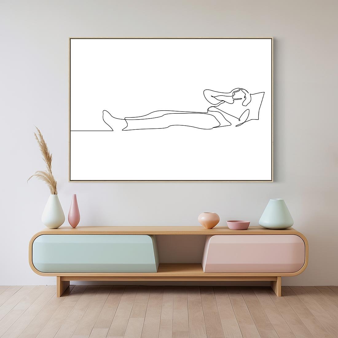 Obraz w ramie 70x50 - Postać na Łóżku - one line art, szkic - rama drewno
