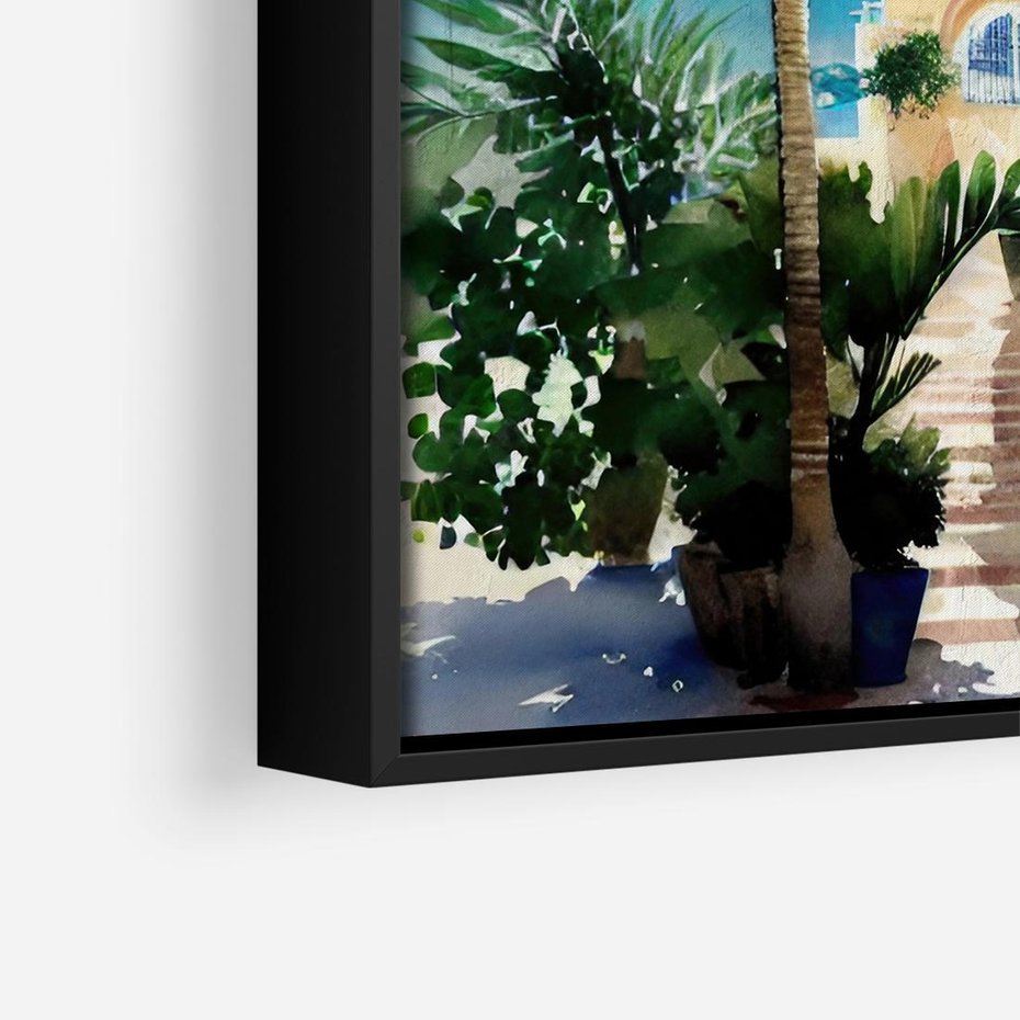 Obraz w ramie 50x50 - Spokój Miasta nad Morzem - akwarela, sródziemnomorski klimat - rama czarna