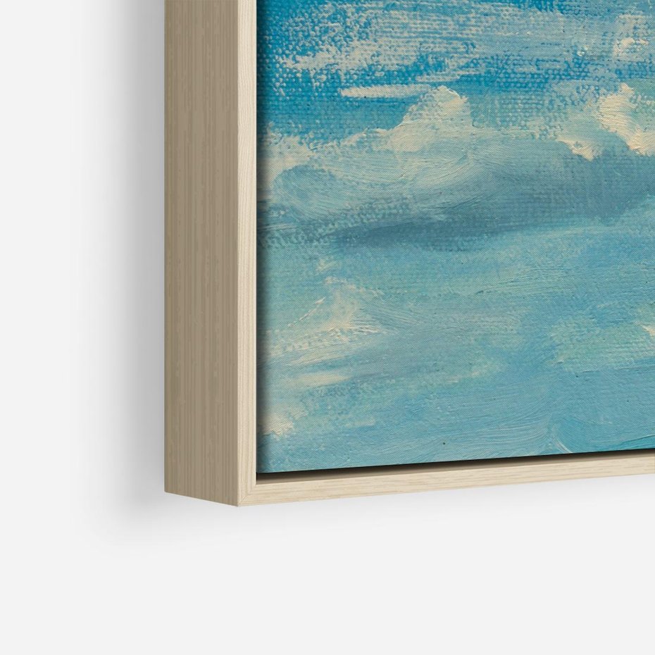 Obraz w ramie 50x50 - Oddechy niebiańskiej materii - olejny obraz, smugi farby przypominają obłoki na błękitnym niebie - rama drewno
