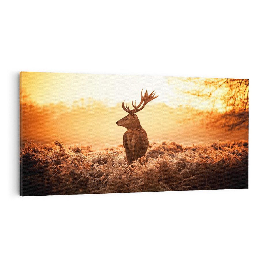 Obraz na płótnie 100x50 - Magia jesiennego słońca: Jeleń w promieniach - jeleń, jesień