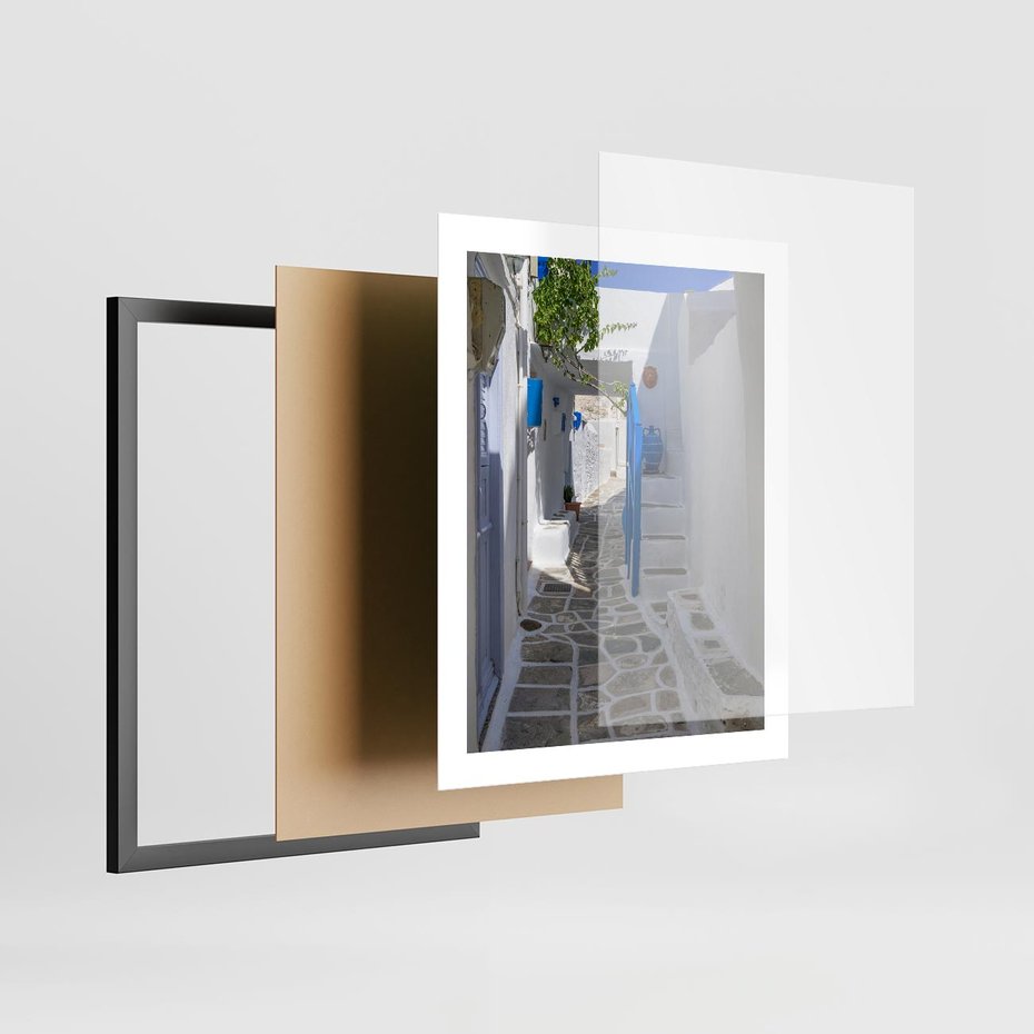 Plakat w ramie 40x50 - Uroki Santorini: Perspektywiczna Uliczka - uliczka, perspektywa - rama czarna