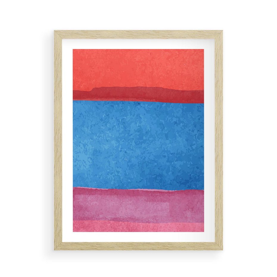 Plakat w ramie 50x70 - Migocące Formy - kolorowe akwarelowe pasy, odcienie czerwień - rama drewno