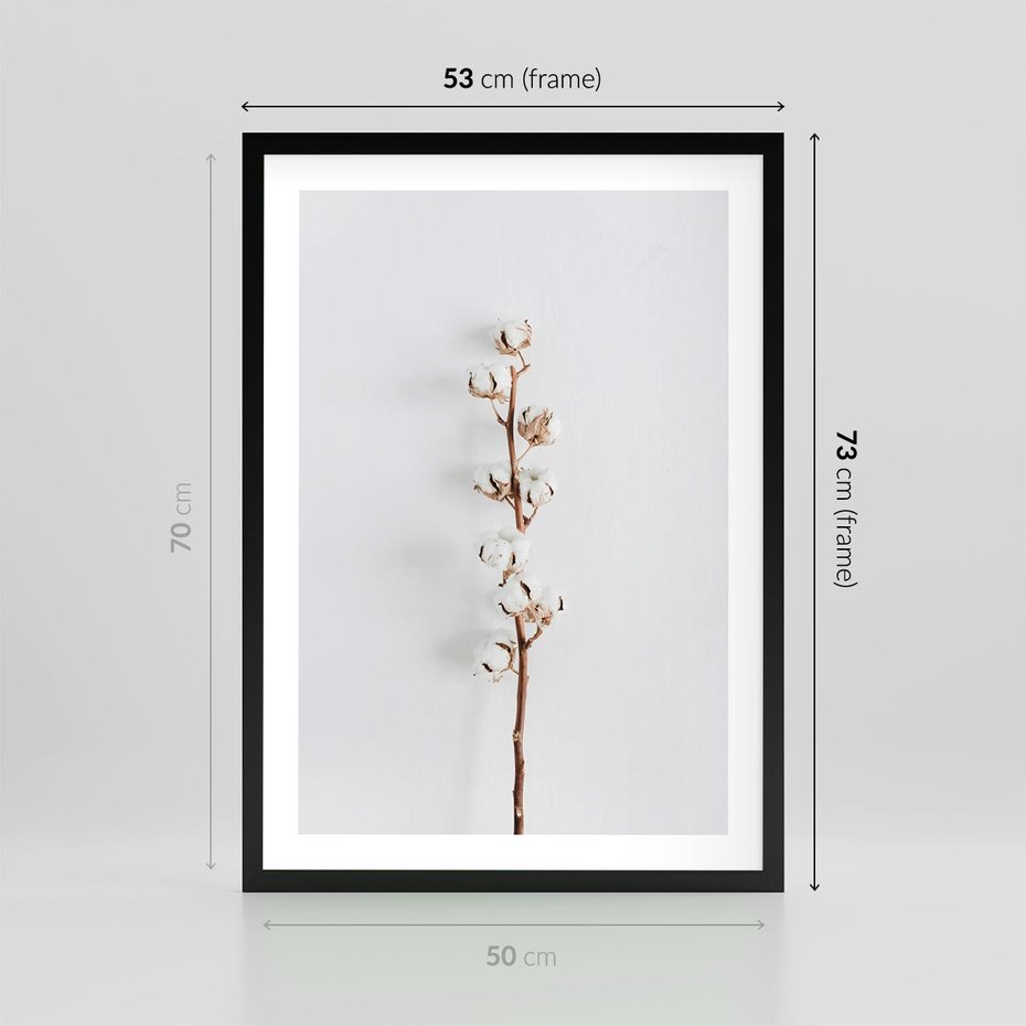 Plakat w ramie 50x70 - Minimalistyczna Gałązka Bawełny - bawełna, gałązka bawełny - rama czarna