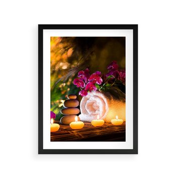 Plakat w ramie 30x40 - Relaksujące spa z płonącymi świecami - spa, świece - rama czarna