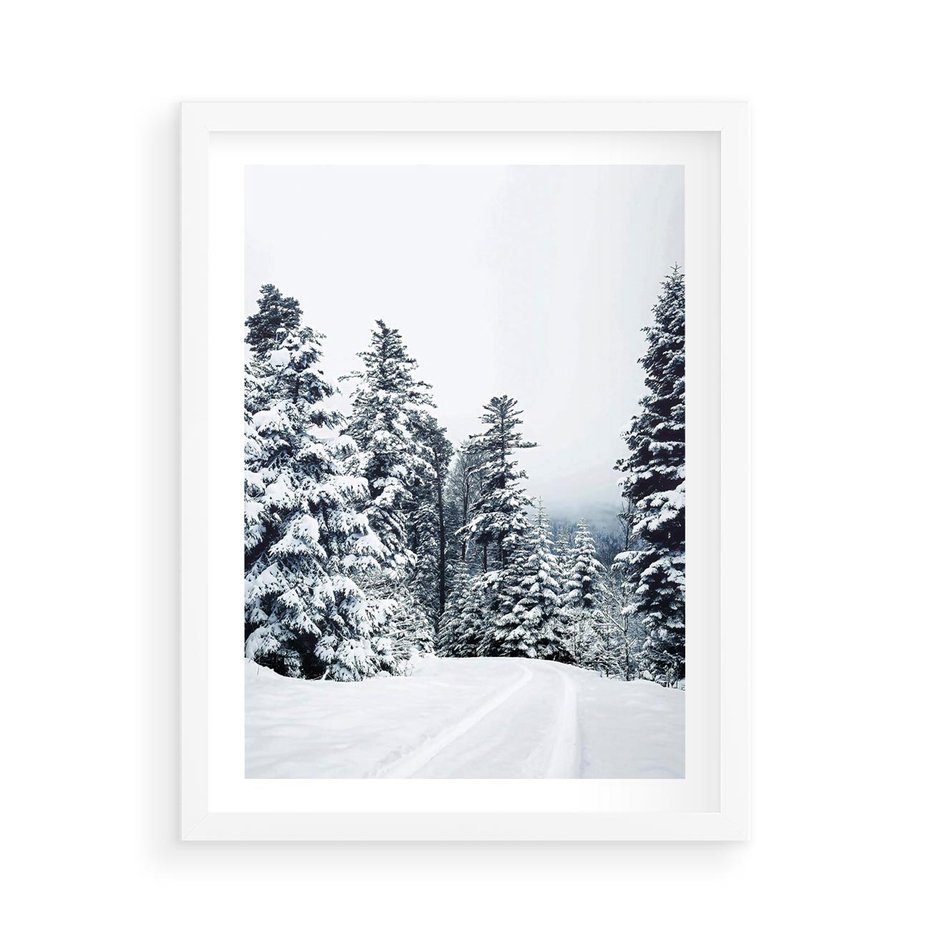 Plakat w ramie 50x70 - Zimowy Las Pod Kołdrą - las, zima - rama biała