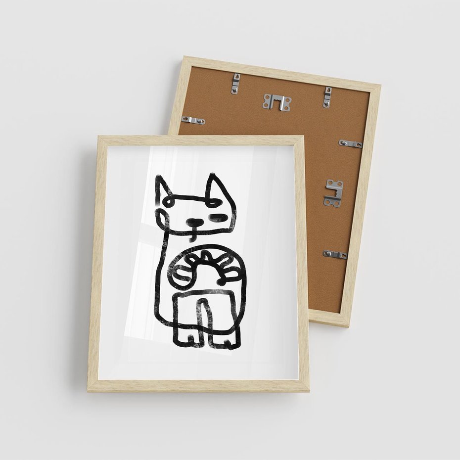Plakat w ramie 40x50 - Portret Kociej Duszy - szkic kota, prymitywizm - rama drewno