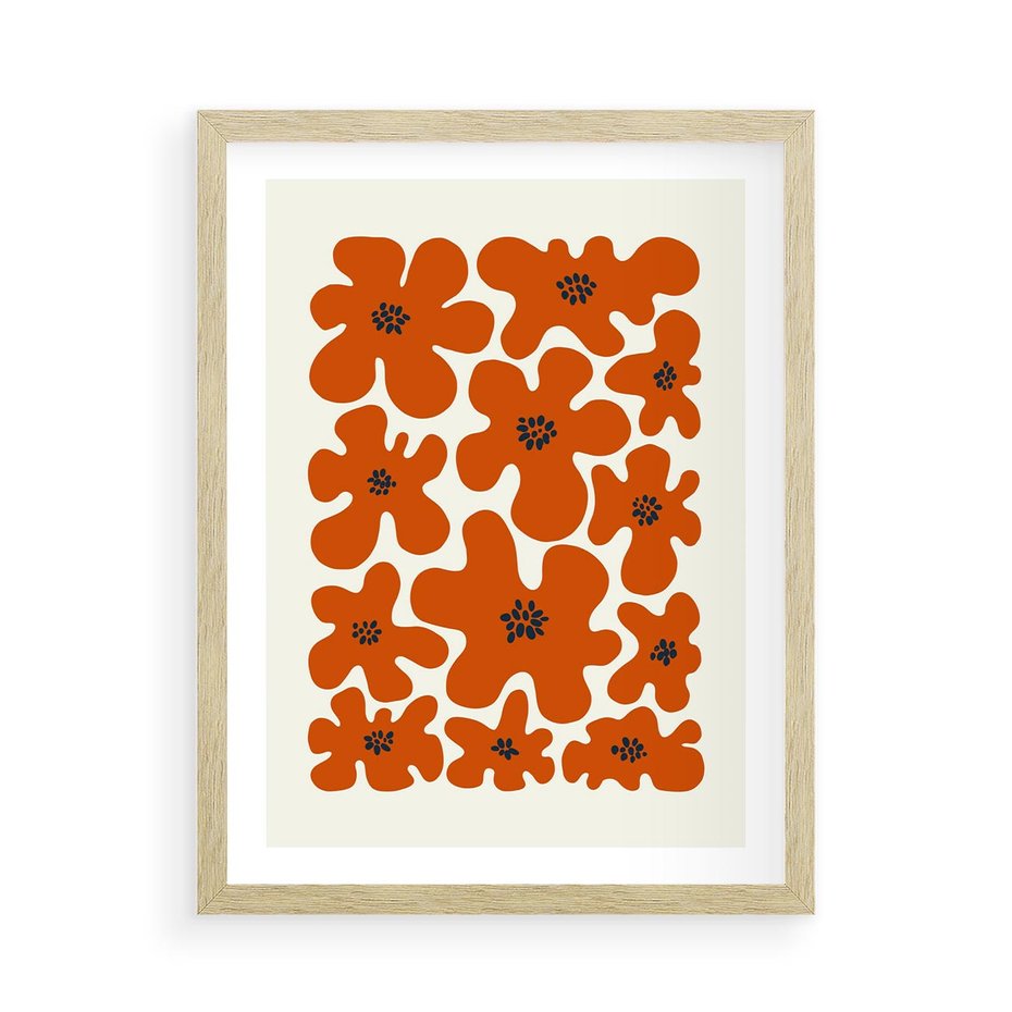 Plakat w ramie 50x70 - Wibracje Przestrzeni - abstrakcyjne czerwone kwiaty, kompozycja - rama drewno