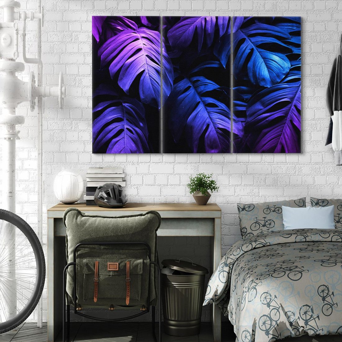 Obraz na płótnie 120x80 - Mroczna Magia Dżungli - mroczna grafika, fioletowe liście monstery na czarnym tle