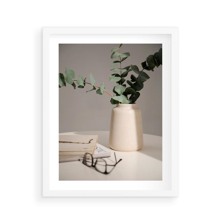 Plakat w ramie 40x50 - Eukaliptusowe liście w okularach - liście, eukaliptus - rama biała