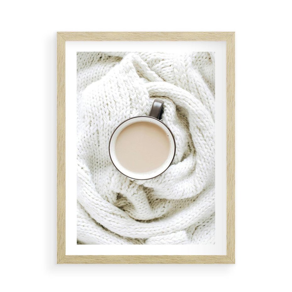 Plakat w ramie 50x70 - Kawa na Wełnianym Kocu - kawa, biały wełniany koc - rama drewno