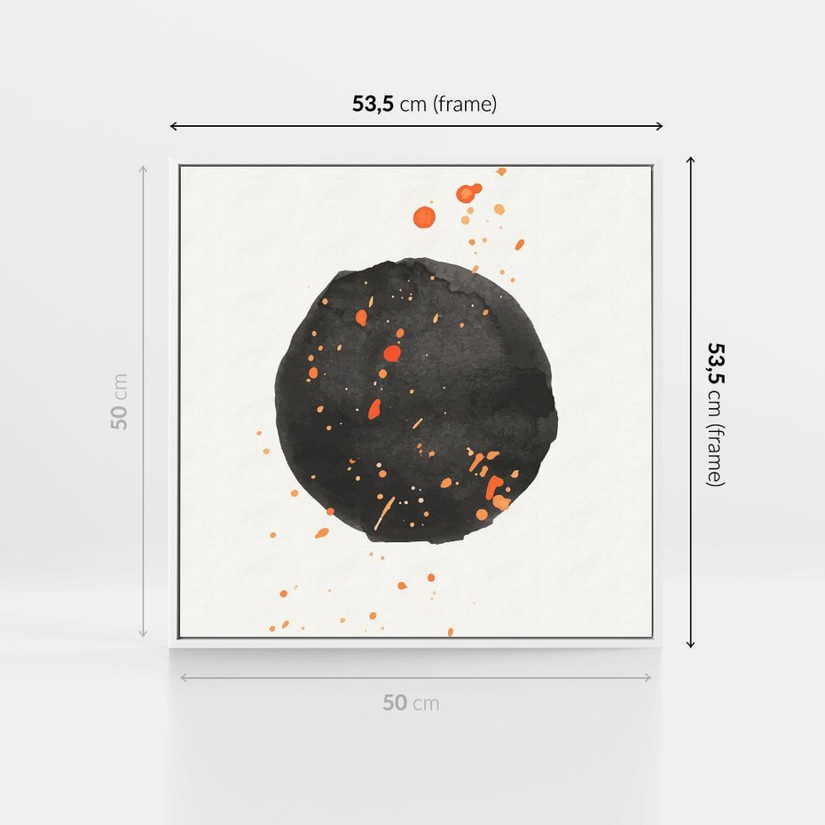 Obraz w ramie 50x50 - Wibracje Kolorów - abstrakcyjna czarna plama, rozsiane pomarańczowe kropki - rama biała