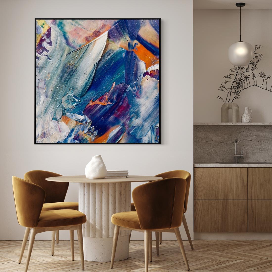 Obraz w ramie 50x50 - Rytmy ukrytych pragnień - chaos i abstrakcja, plamy koloru - rama czarna