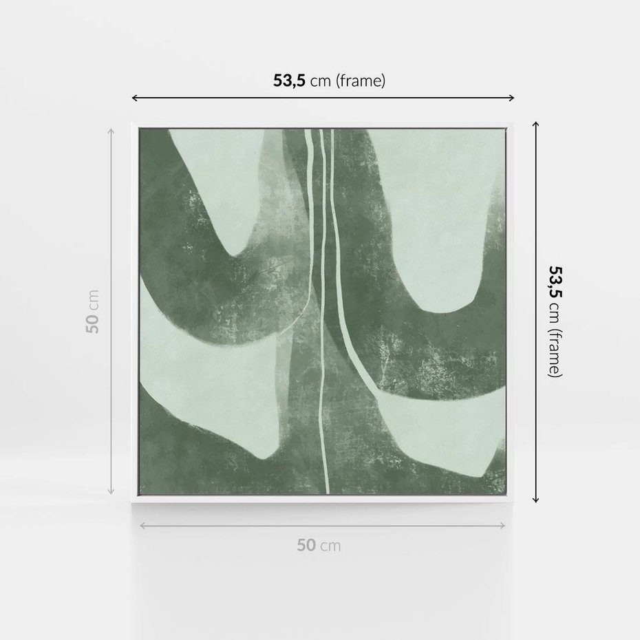 Obraz w ramie 50x50 - Nurtująca Kompozycja Zieleni - abstrakcyjne delikatne zielone linie, podobne do gałęzi kwiatów - rama biała